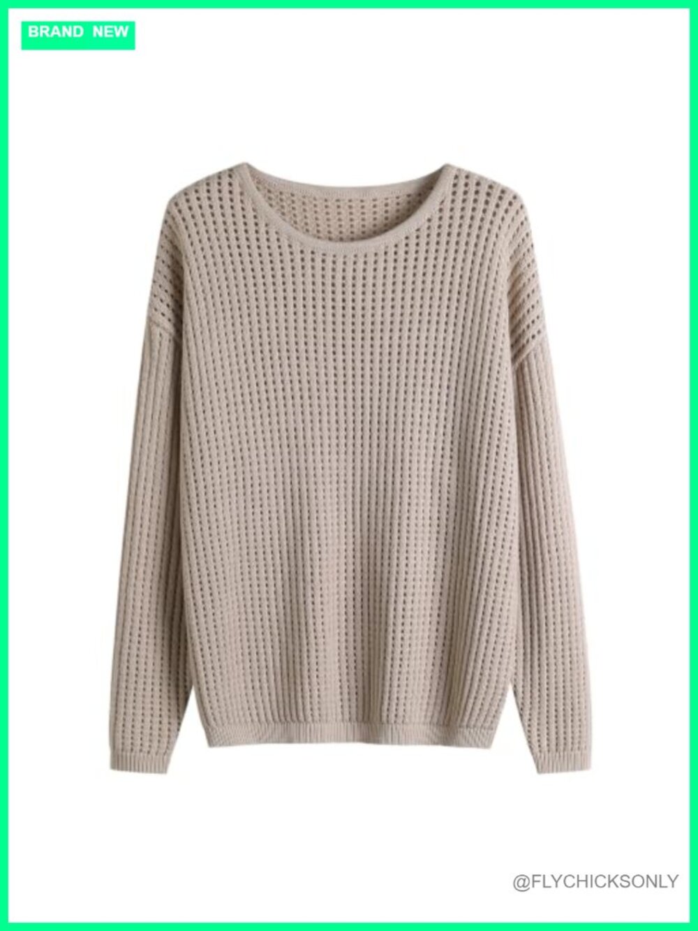 Oversized Openwork Knit Pullover Sweater Crew Neck Long Sleeve